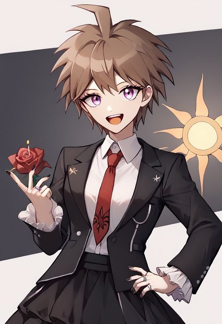 score_9, score_8_up, score_7_up, 
1girl, genderswap (mtf),gender swap, solo,  makoto, brown hair, open mouth, ahoge,
smile, short hair, bangs, celestia ludenberg, official style, looking at viewer, smile, black nail polish, long sleeves, white shirt, flower, frills, print necktie, black skirt, nail polish, open jacket, black jacket, rose, red necktie, red flower, black nails, red rose, gothic fashion, claw ring, cowboy shot, frilled sleeves, frilled skirt, collared shirt,
 <lora:celestia_pony_v3:0.8>