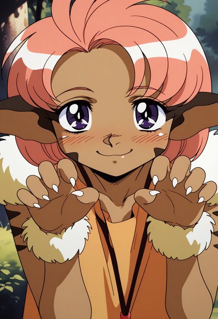 1girl,Merle,purple_eyes,pink_hair,short_hair,animal_ears,animal_hands,body_fur,fur_trim,Tail,looking at viewer, (detailed facembarrassed,smile,blush),(claw pose,paw pose,sharp_claws,upper_body),outdoor,BREAK score_9, score_8_up, score_7_up, source_anime,masterpiece, best quality,1990s_\(style\),retro_artstyle,official art,perfect_anatomy,
Negative prompt