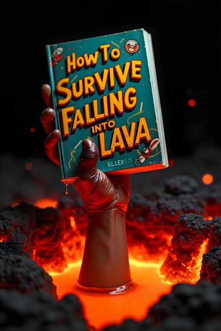 
A striking image capturing the surreal and darkly humorous scene of a hand emerging from a pool of molten lava, gripping a book titled "How to Survive Falling into Lava." The hand, with its skin appearing singed and covered in cracks, is desperately outstretched, with the lava bubbling and churning around it. The book, surprisingly intact despite the fiery surroundings, has a bright, bold title that contrasts with the intense orange and red hues of the lava. The cover of the book might feature cartoonish illustrations or a playful design, adding an ironic twist to the otherwise dire situation. The lighting in the scene highlights the intense heat radiating from the lava, with the glowing, molten surface reflecting off the book's cover and the hand, creating a vivid and almost surreal atmosphere.