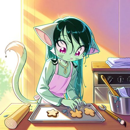 score_9, score_8_up, score_7_up,lilith_calah,
1girl,solo,furry,tail,dark green hair, source_furry,
 ,<lora:lilith_calah_illustrious:0.8>,
child, kid, 
clay, rolling_pin, cookie_cutter, paintbrush, acrylic_paint, table, apron, oven_tray, ribbon, beads, sunlight, towel
Scene: A sunny kitchen table where someone rolls out soft clay with a tiny rolling pin, pressing a flower-shaped cookie cutter into it to form a pin. A paintbrush adds pastel colors, an oven tray waits to bake the piece, and a towel wipes sticky fingers. Beads and a ribbon lie ready to thread through, sunlight glints off the wet clay, and the little creation looks ready to bloom into a cute accessory