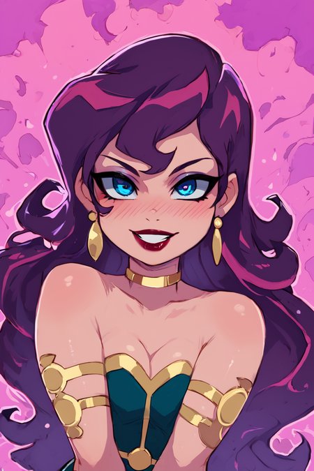 score_9, score_8_up, score_8, medium breasts, (curvy), cute, eyelashes,       BREAK, , ,,,    zzCirce, blue eyes, purple hair, long hair, bare shoulders, jewelry, earrings, makeup, lipstick, cleavage,  ,<lora:Circe_JLU_PDXL:1.0>,   ,,, , BREAK, smile, looking at viewer, cowboy shot, ,,, embedding:zPDXL, Expressiveh, ,,, <lora:Zankuro_Style_PDXL:0.8> <lora:SDXLFaeTastic2400:0.5>, <lora:Expressive_H-000001:0.4>,