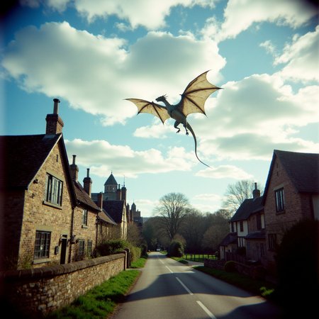 Shot with a Holga camera, a dragon flying in the sky over an english village, shot from the roadside in an english village