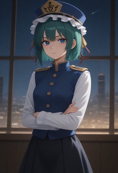 1girl, solo, solo focus, highres, absurdres, shikieiki, green hair, frilled hat, blue eyes, blue headwear, short hair,
long sleeves, black skirt, white shirt, blue vest, red ribbon, epaulettes, small breasts, 
looking at viewer, crossed arms,
window, cityscape, neon lights, night, night sky, backlighting,