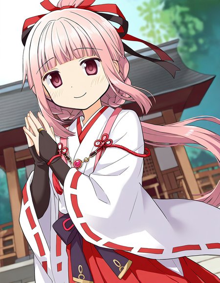 masterpiece, best quality, newest, absurdres, highres, safe, 1girl, tamaki iroha \(miko ver.\), magia record: mahou shoujo madoka magica gaiden,  bridal gauntlets, solo, day, shrine, dutch angle, <lora:tamaki_iroha_noobaiXLNAIXL_vPred10Version:0.7>