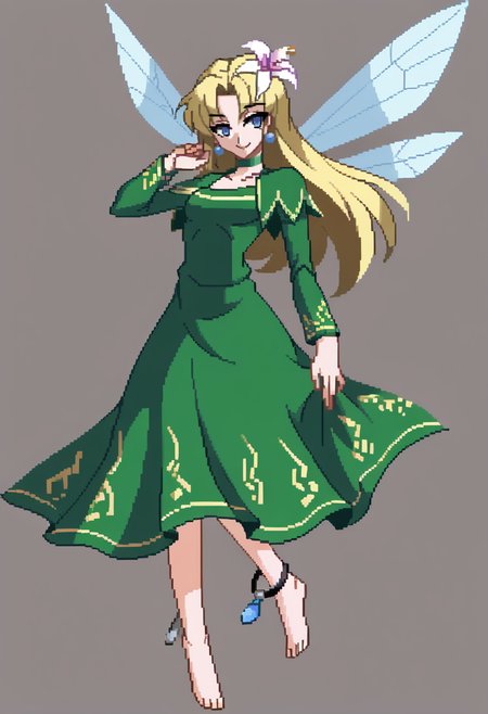 score_9, score_8_up, score_7_up, source_anime, BREAK, solo, 1girl, smile, looking at viewer,  <lora:Under-Night-In-Birth-SpritesV2-pdxl_Fp:1>, simple background, full body, standing,  <lora:Titania-pdxl_Fp:1>, titaniasmt, blue eyes, blonde hair, long hair, flower, fairy wings, green dress, choker, anklet, floating,