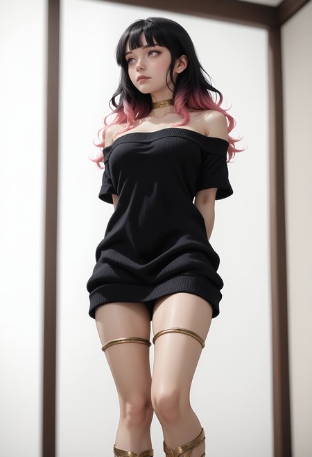 score_9, score_8_up, score_7_up,
1girl, solo,
sweater dress:(black sweater), short dress, strapless, scoop neck, short sleeves, bare shoulders, gold choker, (gold thighlet), gladiator sandals:gold footwear,
twilight, blurry background,
standing, contrapposto, arms behind back,
blush,
facing viewer, looking to the side, sideways glance,
full body, from below, dutch angle, depth of field, realistic,
<lora:Dark_Kylie_Pony:0.5> d4rkkyl13, black hair:gradient hair:pink hair, pink eyes,