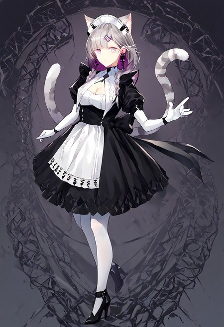 score_9, score_8_up, score_7_up, score_6_up, score_5_up, score_4_up, source_anime, 1girl, solo, 
KazemaruMAID, animal ears, grey hair, cat ears, cat tail, cat girl, extra ears, purple eyes, blunt bangs, maid, maid headdress, black dress, puffy sleeves, hairclip, cross earrings, twin braids, breasts, cleavage, earrings, elbow gloves, jewelry, white gloves, white pantyhose, high heels, black footwear, 
masterpiece, best quality, very aesthetic, absurdres,