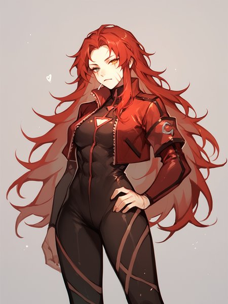 score_9, score_8_up, score_7_up, Gebura, 1woman, solo, red long hair, scars on face, heterochromia, black jumpsuit, shor red jacket  <lora:Gebura:1>