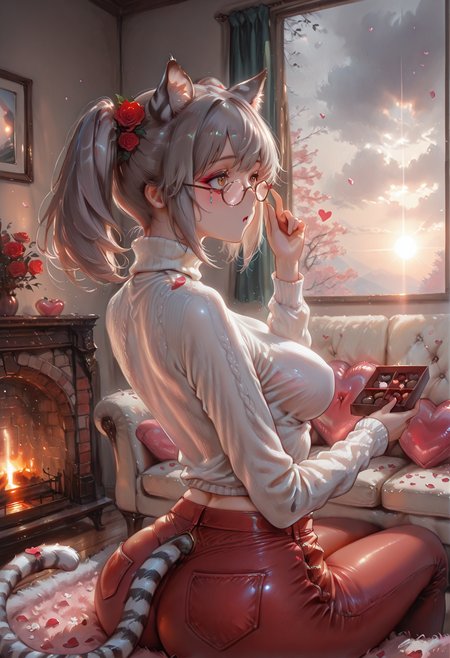 masterpiece, best quality, amazing quality, very aesthetic, absurdres, newest, (scenery, volumetric lighting),depth of field, 1girl,solo,sfw,((from behind:1.2),(from_back:1.2),,Cowboy Shot) , eyeliner,bai \(granblue fantasy\), granblue fantasy, 1girl, tiger tail, tiger ears, red eyes, brown eyes, grey hair, short hair, twintails,, 1girl,  ";o", long sleeves, white sweater, turtleneck, red jeans, flower, roses, hearts, cherry blossom petals,holding box of chocolates,medium breasts, medium and teardrop shaped breasts,(covered breasts:1.3),curvy,skindentation,adjusting_eyewear, romantic, in love, living room, cozy atmosphere, sitting, fluffy rug, sofa, heart balloons, fireplace, window,sunrise, overcast,solo focus, unsr,,(shiny skin:0.7),(sakimichan:0.8,wlop:0.5),masterpiece, best quality, amazing quality, very aesthetic, absurdres, newest, (scenery, volumetric lighting),depth of field,gobo lighting,a little greedy \(artist\),  <lora:memento mori:0.6> <lora:MoriiMee_Gothic_Niji_Style_Illustrious_r1:0.8> artist:moriimee <lora:ral-vltne:1> ral-vltne <lora:TQ_-_Rustic_Wooden_Valentines_Day_Backdrops:1>  <lora:GOBOLightingILL:1> gobo lighting, shadows
