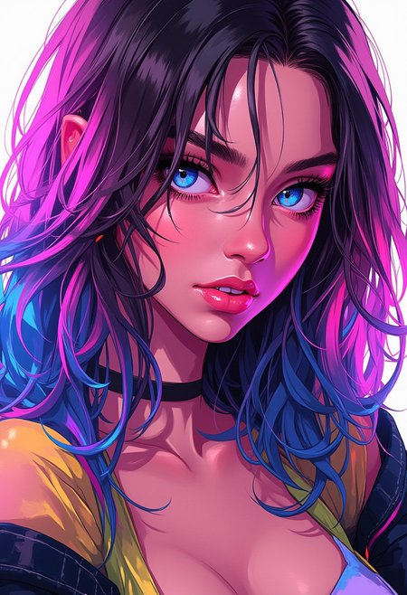 Inkpunk Anime, a woman, multicolored hair, blue eyes, sultry expression