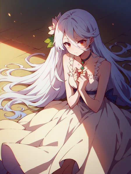 score_9, score_8_up, score_7_up, score_6_up, score_5_up,  <lora:NGNLXLP:1> ngnl, 1girl, long hair, white hair, dress