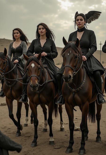 four beautiful women on horses representing the four horsemen of the apocalypse. A dystopian scene as the women ride the horses, dark angelic women,