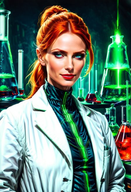 Necron, electricity, green glow, green theme, (red:1.6), (close up:1.6), Stable_Yogis_PDXL_Positives, (Victorian blouse), Realism_Quality_2xx_By_Stable_Yogi, (anatomically correct:1.6), photo, photo_realistic, 1girl, mature_woman, European, 27 years old, parted_lips, choker, seductive smile, sultry, serious stare, stern look, close-up, eye shadow, makeup, milf, mature female, pureerosface_v1, Expressiveh, intricate_details_xl, natural skin, realistic, hands out of view, red lipstick, makeup, long ponytail, streaked hair, Orange hair, black streaks in her hair, long side bangs, black highlights in bangs, thick lips, mega ponytail, big hair, tall, natural blue eyes, high neck closure, fitness body, toned muscles, high cheekbones, solo, (fully dressed:2), high turtle neck, outdoors, (hands hidden:1.7), short sleeves, closed dress, high neck closure, gentle smile, closed mouth, short puffy sleeves, (laboratory:2), big fluffy hair in all directions, add-detail-xl, luna_flex_v4_sdxl_3500_lora_f32, (white lab coat:2), (hurut:4.9).