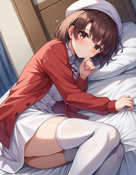 score_9, score_8_up, score_7_up, source_anime,
megumikatou, <lora:megumi-katou-ponyxl-lora-nochekaiser:1>
megumi katou, brown hair, brown eyes,
short hair, hat, jacket, long sleeves, thighhighs, white headwear, white thighhighs, dress, white dress, red jacket, white hat, open cardigan, open clothes,
indoors, bed, bed room, on side, blush, drunk,
looking at viewer, dutch angle, cowboy shot,