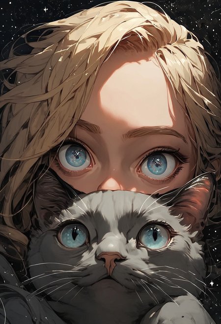 score_9, score_8_up, score_7_up, score_6_up, score_5_up, score_4_up,  girl and a gray cat, (black star:1.2), girl has blonde hair and blue eyes, small eyes, galaxy, black background