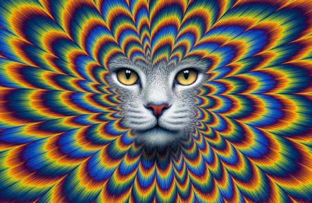 **Subject/Character:**  
A detailed, close-up portrait of a majestic white Maine cat with long, luxurious fur that flows softly. Its mane is thick and voluminous, adding a regal and elegant appearance. The cat’s eyes are replaced with vibrant, hypnotic optical illusions resembling a colorful pattern similar to a psychedelic vortex. The intricate patterns radiate outward in concentric zigzags of vivid neon blue, orange, and yellow, creating a mesmerizing, mind-bending effect. (((creating a dizzying effect that stretches into infinity))). The glowing eyes become the focal point of the image, drawing the viewer into their surreal, hypnotic depth. The cat’s fur is richly textured with tones of white and black, adding lifelike detail and contrast to the surreal elements. The expression of the cat is intense and otherworldly, adding to its mysterious, trippy vibe.

**Background:**  
The background is minimal and dark, fading into deep shadowy tones to ensure the vibrant optical illusions in the cat’s eyes and the detailed textures of its fur remain the central focus. The lack of clutter in the background creates a stark contrast that enhances the visual impact of the glowing, illusion-filled eyes.

**Style:**  
The art style is hyper-realistic for the fur and facial details, seamlessly blended with surreal and psychedelic elements in the optical illusion eyes. The glowing, vibrant colors of the eyes are saturated and bold, contrasting with the earthy tones of the fur. The overall tone is haunting, hypnotic, and captivating, combining realism with a trippy, surreal aesthetic. Strong lighting and shadow are used to create depth and focus, ensuring the hypnotic eyes dominate the scene while maintaining balance in the composition.

MESMERIZING OPTICAL ILLUSION, ArsMovieStill, 80s Fantasy Movie Still, aidmaMJ6.1