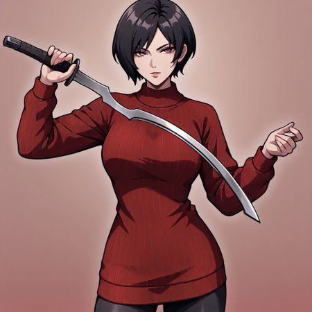 masterpiece, best quality, newest, absurdres, highres, anime, anime style, holding sword, holding weapon, holding, KHV1.0, khopesh, sword, weapon, 1girl, Ada_wong, /(resident evil/), asian, asian female, short hair, black hair, sweater, red sweater,