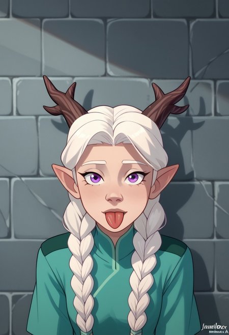 score_9, score_8, score_7, score_6,
triplevexx, solo, Lujanne, Elf, Moonelf, Horns, Long Twin Braids, White Hair, looking at viewer, leaning against marble wall, sticking tongue out, purple eyes,