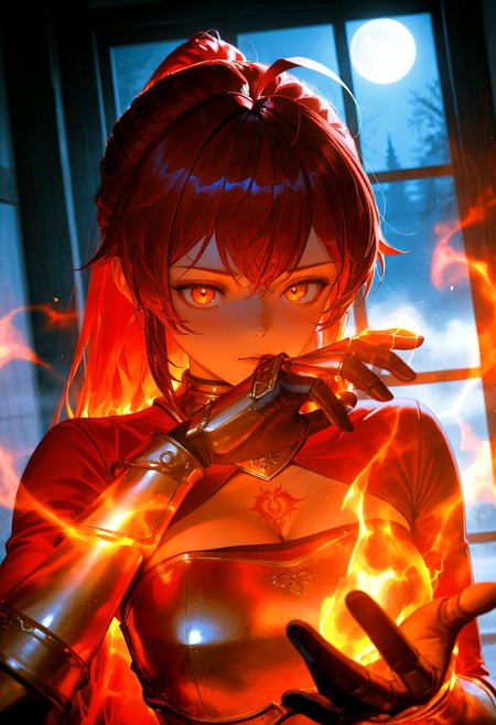 HDR, 8K, high contrast, masterpiece, best quality, amazing quality, very aesthetic, superabsurd res, high resolution, ultra-detailed, absurdres, newest, scenery, (horikoshi kouhei:0.3), (quasarcake:0.3), (wlop:0.3), light rays, chiaroscuro, dynamic angle,  foreshortening, fts_eris, 1girl, orange eyes, long hair, ponytail, ahoge, red hair, bangs, medium breasts, tattoo, jewelry, armor, breastplate, collar, clothing cutout, shrug (clothing), cleavage, gloves, vambraces, bracer, gauntlets, fire aura, fire magic, half body portrait, posing, perfect hand, reaching, looking at viewer, hand focus, close up on hand, moonlit, moon light, dim lighting, dark room, night time, window, fog, partially illuminated, (backlighting), Intricately designed, Mysterious Shadows, BREAK, photorealistic, beautiful detailed eyes, detailed skin, detailed hair, volumetric lighting, dappled light, light particles, dramatic shadows, cinematic lighting, photo background, depth of field, <lora:ponyxl\cfg_scale_boost:0.8> <lora:IL\KMS_FTS_Eris_IL-000009:0.8>