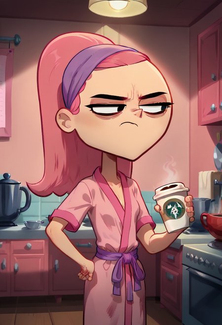 score_9, 1girl, solo, trina riffin, pink hair, frown, closed mouth, indoors, room, pink room,
wear only bathrobe, loose clothes, one hand holding a cup of coffee, one hand on hip, sleepy eyes, eyes half close, baggy eyes, kitchen background,