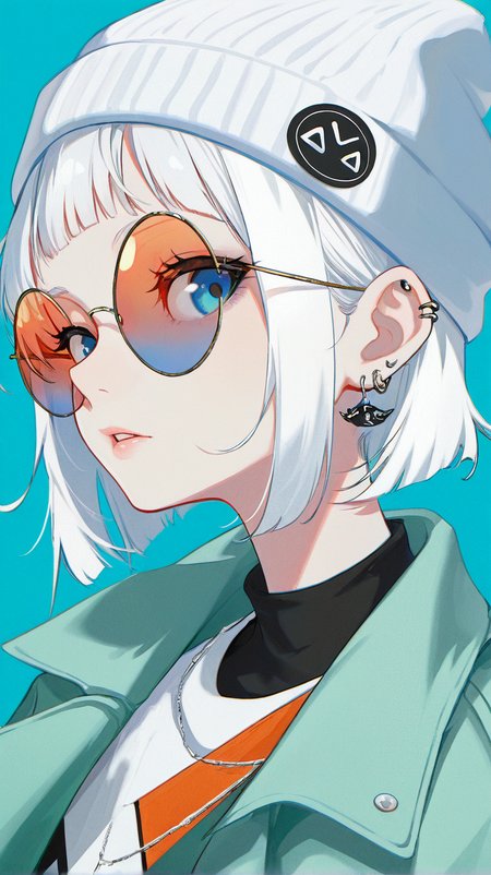 1girl, solo, looking_at_viewer, short_hair, bangs, blue_eyes, simple_background, hat, jewelry, jacket, upper_body, white_hair, earrings, parted_lips, white_headwear, blue_background, piercing, sunglasses, ear_piercing, beanie, tinted_eyewear, orange-tinted_eyewear