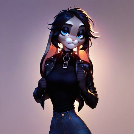 digital_media_(artwork) hi_res, score_9, score_8_up, score_7_up, score_6_up, score_5_up, score_4_up, rating_safe, beautiful, intricate, high quality details, highly detailed, amazing quality, anthro, furry, no humans, furry female, detailed textured fur, fur tufts, fluffy, cute, cute face, small, detailed sexy eyes, solo, SFW, rabbit, lop ears, expressive, sassy, multicolored hair, streaked hair, absurdres, highres, shirt, denim pants, leather jacket, spiked collar, clothed slim, clothed slender, clothed skinny, goth, heavy eyeliner, heavy eye shadow, breasts, vivid colors,