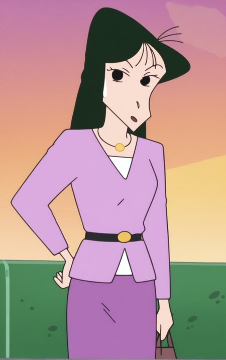 score_9, score_8_up, score_7_up, looking at viewer,  BREAK
Jacket_UmeMatsuzaka_ownwaifu,  
1girl, green hair, straight hair, long hair, jewelry, necklace, black eyes, bangs, 
long sleeves, skirt, shirt, purple shirt, collared shirt, sweater, turtleneck, dress, purple dress, purple skirt, 
retro artstyle, style parody, 
(contrapposto, hand on hip), sunset, sidelighting, cityscape, outdoors, <lora:PONYXL_ShinChan_UmeMatsuzaka_ownwaifu:1> , depth of field, solo,