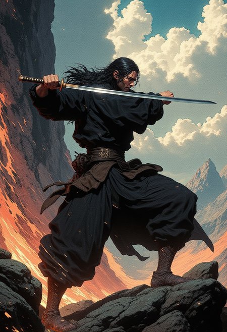 A a man wearing black robes on a rocky plateu.  He has long black hair. He is swinging a wooden practice katana, training on his own. 
Full body
Cinematic lighting, volumetric lighting, 8k quality