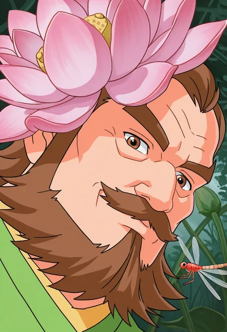 1boy, (close-up:2.5), pond, lotus, flower, (flower focus:1.5), colorful pedals, dutch angle, eye focus, looking down, head down, from below, looking at viewer, dragonfly, light smile, 
BREAK
<lora:Ximen_Hao_from_Shenbingxiaojiang_v1.0:1>
ximenhao, mature male, brown hair, brown eyes, thick mustache, beard, long sideburns, thick eyebrows,
BREAK
green shirt,
BREAK
very awa, masterpiece, best quality, absurdres, newest, perfect quality, detailed background, intricate details,