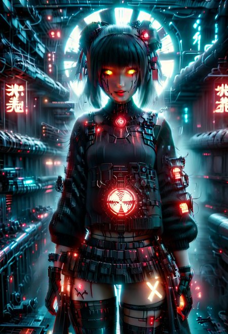 3d movie poster, cyberpunk cafe, young woman, rin tohsaka cosplay, detailed beautiful face, fingerless gloves, coat over sweater, red|black, (glowing hair buns, hair ornament), vantablack skirt, thighhighs, science fiction