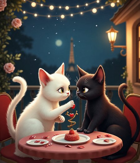 Imagine a charming, moonlit Parisian café terrace draped in a canopy of twinkling fairy lights and delicate strings of soft, glowing lanterns. At a small, elegantly set table adorned with scattered rose petals in shades of blush and red, two delightful cats share a magical date. One is a graceful white cat with long, velvety fur, and the other a sleek, midnight-black cat with eyes that sparkle like distant stars.

On the table lies a beautifully arranged gourmet dish: a shared plate of exquisitely prepared fish tartare, artfully garnished into a subtle heart shape that symbolizes their tender connection. In a playful nod to a classic cinematic moment, the two cats lean toward one another as they share the dish, reminiscent of the iconic ‘Lady and the Tramp’ spaghetti scene—but instead of pasta, they enjoy this delicacy that perfectly suits their feline tastes.

Their posture exudes elegance and affection. The white cat, with a relaxed yet attentive gaze, gently extends a paw toward its companion, while the black cat reciprocates with a soft, inviting tilt of the head. Their tails, luxuriously curved and expressive, brush against one another and twist together in a delicate, natural embrace—a silent, elegant formation of a heart.

The warm, ambient light from nearby candles and the gentle glow of the fairy lights creates an atmosphere of intimacy and romance. In the background, the softly blurred silhouette of the Eiffel Tower completes the scene, its lights twinkling like secret messages of love across the Parisian night. Every detail—from the fine porcelain dishes and the artistic presentation of their meal to the tender expressions on their faces—captures the enchanting blend of playful charm, sophisticated elegance, and heartfelt romance that defines this unforgettable Valentine's Day date.

