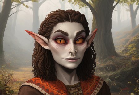 feminine, bosmer woman, fit body, bone masks, carved masks, painted masks, random face, colorful skin, pale tan skin, strong jawline, angular facial features, asymmetrical features, wide nose, fur mantle, rough leather clothes, female, archer's physique, joking demeanor, slightly pointed ears, pinned back ears, long face, very short ears, curved ears, scalloped ears, short ears, firbolg nose, uncanny features, snake nose, reptilian nose, realistic, long face, bosmer, alien, elongated head, flat nasal ridge, elongated skull, bony nose, slit nostrils, aquiline features, medium body hair, dunmer, creature, bony dermal ridges, rough complexion, body tattoos, native american tattoos, medium breasts, natural breasts, shapely figure, chiseled features, athletic build, weathered skin, large nose, animated realism, zoomed out, Inuit features, sage colored skin, pale skin, copper and jade clothes, dark orange sclera, saurian pupils, horizontal pupils, cuttlefish eyes, narrow eyes, dark red pupils, very slanted eyes, squinted eyes, double lidded eyes, eye membrane, slanted brows, bony brows, highly detailed, defined features, looking at viewer, from side, full body, zoomed out, dynamic lighting, 29 years old, light and shadows, jovial expression, expressive eyes, smiling, laughing, Native American pattern leather clothes, medium hair, elegant hairstyle, tribal hair, wavy hair, thick hair, braided hair, wild cut hair, semirealistic, alien elf, mongolian features, slavic features, aztec features, vibrant hair, colorful hair, sharp features, high detail, absurdres, intense eyes, detailed eyes, dark orange eyes, paleolithic clothes, Crowded village, dense redwood forest, intricate fur tents, bone furniture, masterpiece, Vilontrebramb, tree, outdoors, scenery, tree houses, elegant architecture