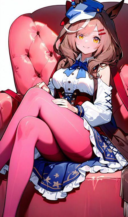 <lora:senie-000014:1>,1girl,simple background,white background,pink_thighhighs,sitting,pantyhose,crossed legs,smile,on couch,couch,matikane tannhauser \(umamusume\),, masterpiece, best quality, very aesthetic, absurdres,newest, incredibly absurdres,
