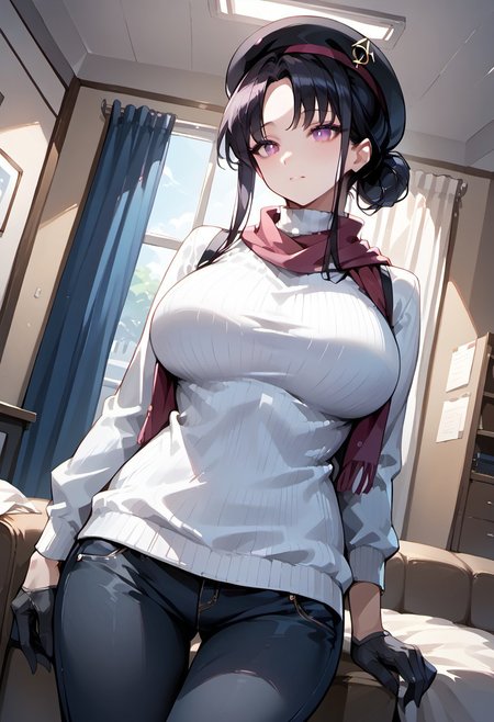 score_9, score_8_up, score_7_up, score_6_up, 1girl, source_anime, 
1girl, Hina,
haircut bangs, hair bun, large breasts, turtleneck sweater, black jeans, black gloves, scarf, beret,
Indoors, living room,
Dutch angle,