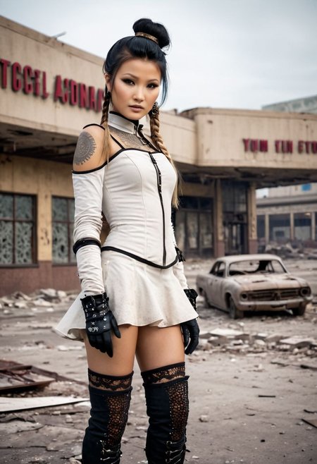 Kelly Hu, Petite, asian, darkskin,blonde hair,  18 year old Chinese woman, flat chested, earrings, eye liner, tattoos, double bun, 4k, very detailed, 80sgirlpearl, Scarlett, eyeliner, ((blonde hair)),  BREAK,  medic in a dusty war-torn city, steampunk, full body portrait, dystopian, post-apocalyptic, (detailed face, detailed eyes, (pale skin:1.2)), intense detail, highly detailed, sharp focus, thigh-high socks, (long gloves:1.4), portrait, F/2.4, photograph, detailed skin, realistic, photo-realistic, 8k, highly detailed, full length frame, High detail RAW color art, piercing, diffused soft lighting, shallow depth of field, sharp focus, cinematic lighting), set in a post-apocalyptic abandoned shopping plaza, broken storefront windows, debris-filled dried fountain, abandoned cars.  masterpiece, best quality,Abandoned Hospital, corneo_x_pasties