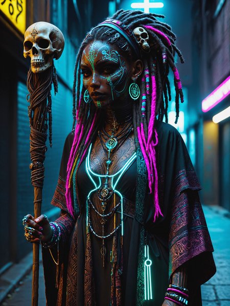 woman, cyberpunk, dark alley way, face paint, staff, skulls, kaftan, hat, dread locks, dark skin, mad-vdprst , night, neon light  <lora:Neon_Cyberpunk_Voodoo_Mage_SDXL:1>, (masterpiece:1.2), best quality