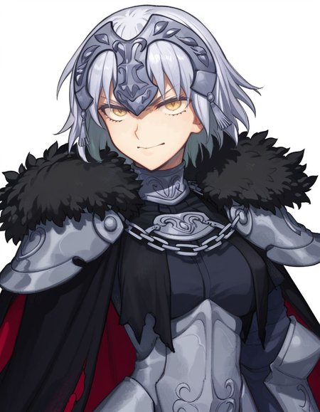 score_9, score_8_up, score_7_up, masterpiece, young boy, v-shaped eyebrows, 
<lora:FSR:1>, fsr,1girl,solo,breasts,looking at viewer,short hair,bangs,simple background,white background,medium breasts,closed mouth,yellow eyes,upper body,grey hair,cape,armor,fur trim,chain,headpiece,armored dress,black cape,jeanne d'arc alter (fate),jeanne d'arc alter (avenger) (fate)