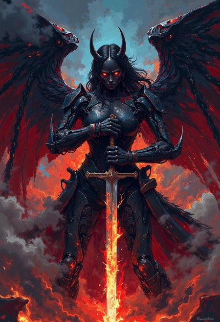 DB4RZ style painting (pixel_art_style_01, pixel art, pixelart:1.2), wrath of mecha angel of death, cyborg girl with burning sword ready to strike. forms beings, abstract composition, fantastical illustrations, bold art, morphing shapes, while the surrounding darkness imbues the image with an air of mystery and secrets untold.