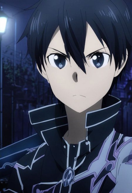 high resolution, solo, best quality, 1Boy, Kazuto Kirigaya, Black Hair, Black Eyes, portrait, midnight, dim street lights, mysterious, threatening, sword, aiming sword, OverallDetail