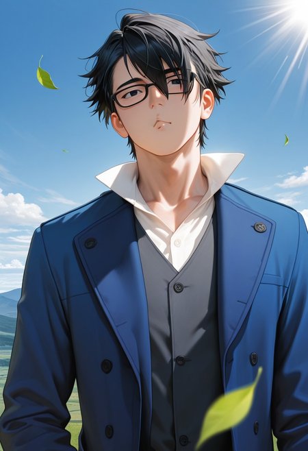 masterpiece, best quality, amazing quality, absurdres, newest, detailed background, definition so sharp, Ultra-HD, 8K cinematic, very awa, impressionate, amazing quality, highres, d10w21ll,
solo, male focus, manly, mature male, bara, day, blue sky, outdoor, sunbeam, windy, flying leaf, 
1boy, short hair, glasses, saruhikofushimi, saruhiko_black hair, saruhiko_black eyes, blue coat, collared shirt, o3o, depth on field, upper body, focus on scene, landscape, wide angle perspective