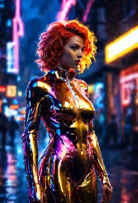 young woman standing on a futuristic street, (raining:2.0), car lights can be seen in the background, super sexy mechanical leotard, midriff, beautiful ass, surrounded by neon colors, 3/4 turned to side,  <lora:sdxl_lightning_8step_lora:1>,   (photorealistic:1.2), (intricate and beautiful:1.8), interesting setting:2, cute fit 18 year old, girl, young, giant breasts, facing side, (masterpiece, best quality, highres:1.2),  <lora:CyborgCosplay_SDXL:1> , CyborgCosplay, mechanical arms, mechanical legs, head gear,  futuristic, technological, cybernetic enhancements, Cosmic light in backfront, omnipotent, color graded cinematic, backlight:2, hair light:2,   <lora:SDXLFaeTastic2400:0.35> ,  vibrant whimsical colors, whimsical fantasy,  cinematic composition:2,  <lora:great_lighting:3> , great lighting,