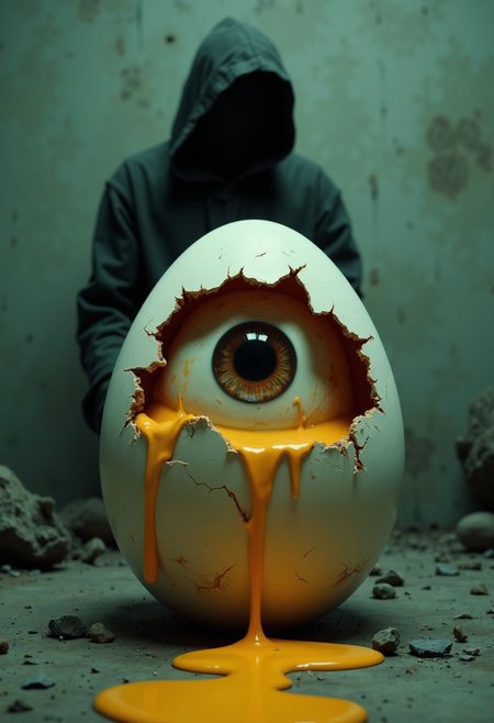 horror-themed image depicts a surreal and unsettling scene of an eye emerging from a cracked eggshell, with a hooded figure standing behind it. The eye is positioned centrally in the frame, surrounded by a white eggshell that has been broken open to reveal its contents. The iris is a deep brown color, while the pupil appears black. A yellowish-orange liquid drips from the bottom of the eye, creating a sense of unease and discomfort.
The hooded figure stands behind the eye, partially obscured by shadows. Its face is not visible, adding to the mystery and tension of the scene. The background is a muted green color, which contrasts with the bright yellowish-orange liquid dripping from the eye. The overall atmosphere of the image is one of unease and discomfort, as if something is about to break free or emerge from the eggshell.
The composition of the image is simple yet effective, with the eye and hooded figure taking center stage. The use of shadows and lighting creates a sense of depth and dimensionality, drawing the viewer's attention to the central figures. The color palette is muted, with the exception of the bright yellowish-orange liquid, which adds a pop of color and creates visual interest.
The mood of the image is one of unease and discomfort, as if something is about to break free or emerge from the eggshell. The use of shadows and lighting creates a sense of tension and anticipation, making the viewer feel like they are witnessing something momentous. The overall effect is one of surrealism and unease, leaving the viewer with a lasting impression.
In terms of artistic style, the image appears to be a digital artwork, possibly created using a software such as Adobe Photoshop or Illustrator. The use of bold lines and bright colors creates a sense of drama and tension, while the muted background helps to focus attention on the central figures. The overall effect is one of high-contrast, graphic art that is both striking and unsettling.
. eerie, unsettling, dark, spooky, suspenseful, grim, highly detailed