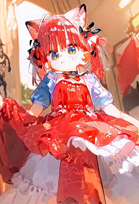 score_9, score_7_up, source_anime, uncensored, 1girl,
 <lora:spakamiKarubiXLPony:1> karubidef, blue eyes, ahoge, cat ears, animal ear fluff, tail, hair ribbon, dress, red dress, red bow, white apron, puffy short sleeves
