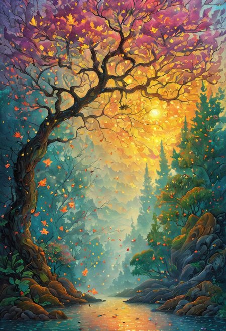 Bohemian Art, Low Angle, Yumei Style, Best Quality, High Resolution, 8k Very Beautiful, Mesmerizing Fireflies, Maple Leaf Floral Vibe, Vibrant Godray Effects Realistic, Super Detailed Vibrant Glowing Rose Petals , glowing leaves, dreamy wonderland gardens and playful firefly slutty are inspired by Yuumei's huge bustle of extremely detailed scenes, the overall style is reminiscent of fantasy art, focusing on intricate details and a sense of wonder. This painting is a true masterpiece, demonstrating the artist's extraordinary skill in capturing the beauty and majesty of nature in a surreal and imaginative way. soft colors,
<lora:Paul_Signac_Neo-Impressionist_dotted_pa​​intings_Pointillism:1> ah_signac <lora:TQ_-__Kids_Storybook_Illustrations_XL-000006:0.2> <lora:ral-lava-sdxl-v2:0> ral-lava <lora:artivelyTREETTREET_SDXL_V1:1.2> Arttrttrt