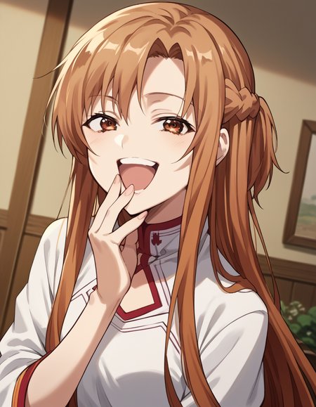 score_9, score_8_up, score_7_up, source_anime, asunayuuki, <lora:asuna-yuuki-s1-ponyxl-lora-nochekaiser:1>, asuna yuuki, long hair, brown hair, brown eyes,, <lora:ojou-sama-pose-ponyxl-lora-nochekaiser:1>, ojou-sama pose, laughing, smug, hand to own mouth, open mouth,, indoors, smile,, cowboy shot, dutch angle, looking at viewer,
