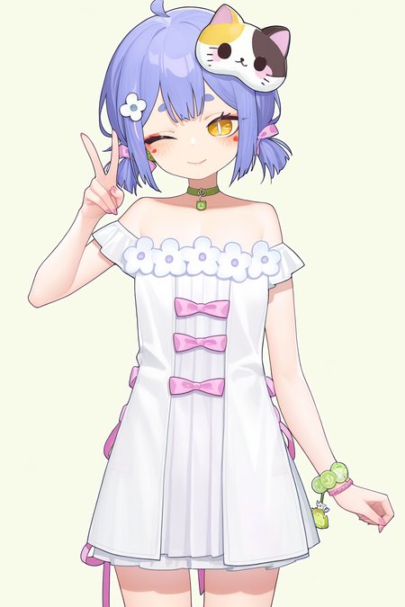 1girl,,wazi,dress,yellow eyes,mask,short hair,blue hair,white dress,twintails,
((tianliang duohe fangdongye)),(qizhu:0.9),
year_2023,foreshortening,highres,high definition,absurdres,amazing quality,best quality,masterpiece,very aesthetic,masterpiece,simple background,blush,cowboy_shot,v,one eye closed,smile,<lora:wazi_noob-000024:0.9>