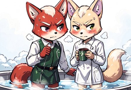 sketch,
  duo,
   cute Fox mcCloud,
   antro, poppy, marshall, white fur, red fur, pink fur, two colored fur, dress, sweater, bangs, blush,
 sweating, embarrassed, horny expression,
hot steam, coffee cup,  bath tub, bath towel