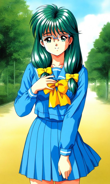 general,highres, ultra-detailed,very aesthetic,best quality ,best hands, BREAK <lora:Kisaragi_Mio_Tokimeki_Memorial_Ver2.0_IS:1>semi-rimless eyewear,
Kisaragi_Mio(Tokimeki_Memorial), 1girl, solo, green hair, twintail, long hair, green eyes, hair over shoulder, Yellow bow, hair bow, low-tied long hair, medium breasts, 
school uniform, light blue serafuku, blue skirt, Yellow bow, hand on own chest, sailor collar, light blue sailor collar, smile, long sleeves, pleated skirt, 
outdoor, tree, sky,