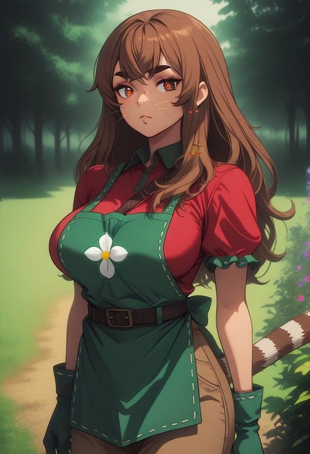 masterpiece, best quality, amazing quality, very aesthetic, absurdres, highres, newest, GLSHS, partially illuminated, Kakomi, ringed eyes, orange eyes, two-tone hair, brown hair, long hair, crossed bangs, hair over breasts, thick eyebrows, cherry hair ornament, cherry earrings, whiskers, tail, striped tail, large breasts, green apron, floral print apron, print apron, collared shirt, red shirt, short sleeves, frilled sleeves, green gloves, belt, strap between breasts, brown pants, dramatic lighting, cinematic, garden, flower, scenery, tree,