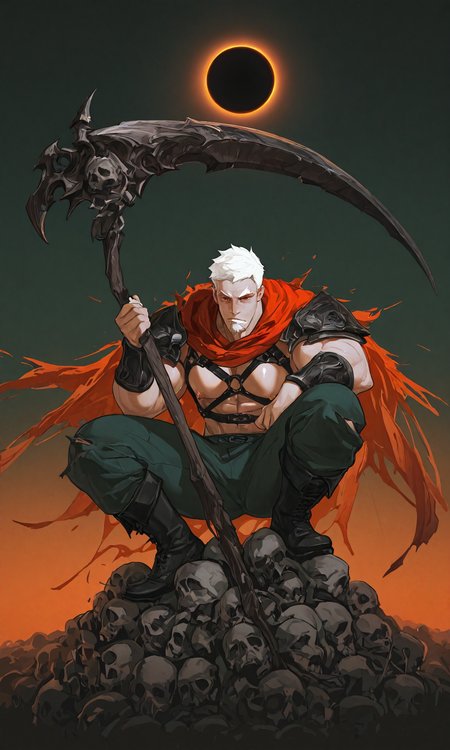 1boy, male focus, bara, muscular, large pectorals, puffy nipples, white hair, goatee, red eyes, torn red cape, shoulder armor, bracer, harness, dark green pants, black boots, squatting, sitting, holding ornate scythe, on a pile of skulls, reaper, necromancer, somber expression, simple orange background, eclipse, abstract, spot color, orange and black theme, dark, film grain, cinematic, fantasy, epic, brushstrokes, dynamic angle, wide angle, very awa, masterpiece, best quality, absurdres, newest, perfect quality, detailed background, intricate details, (artist:gomihebi:0.8), (artist:tooboshoo:0.7), (artist:dizdoodz:0.8)